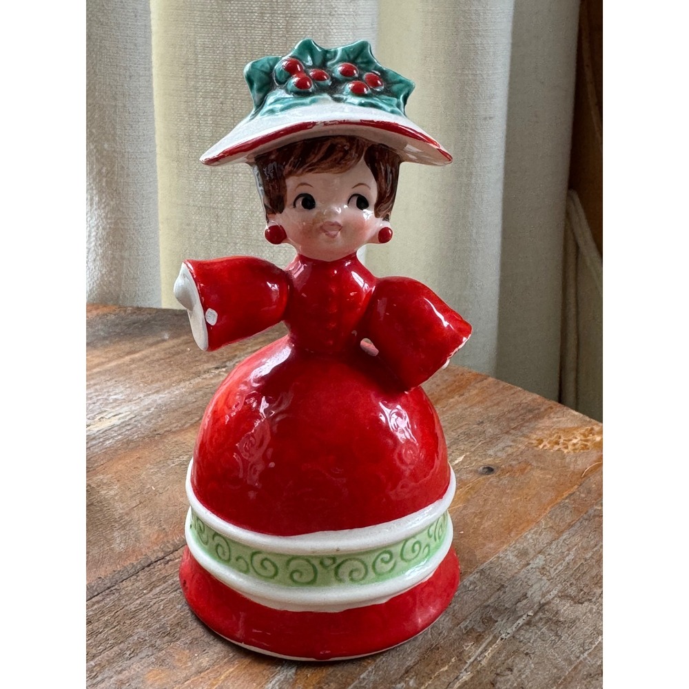 Vintage Lefton Ceramic Christmas Lady Bell Figurine Red Dress‎ Holly Hat FLAWS
